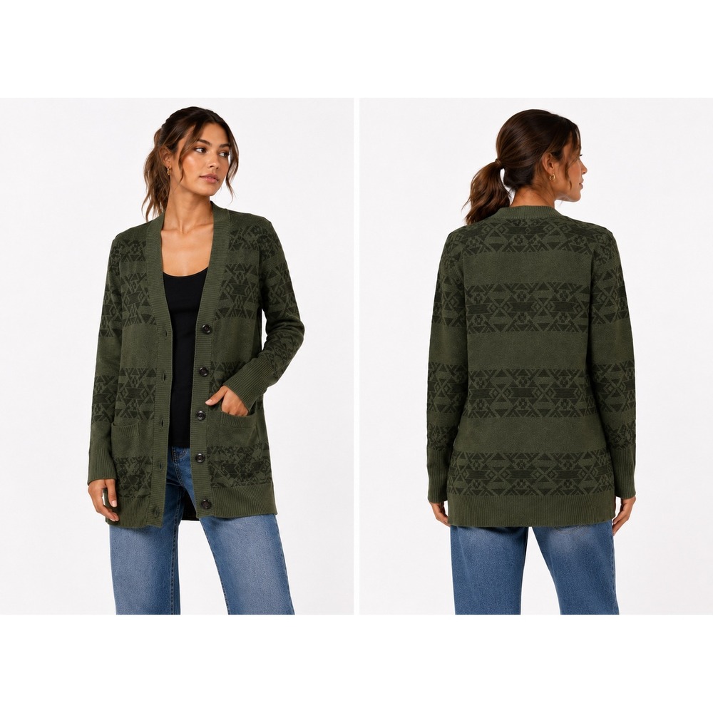 Mossimo Cardigan Sweater Womens XS Green Tribal Geometric Cotton Knit Boho Indie